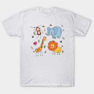 Elephant giraffe monkey lion hand drawn T-Shirt